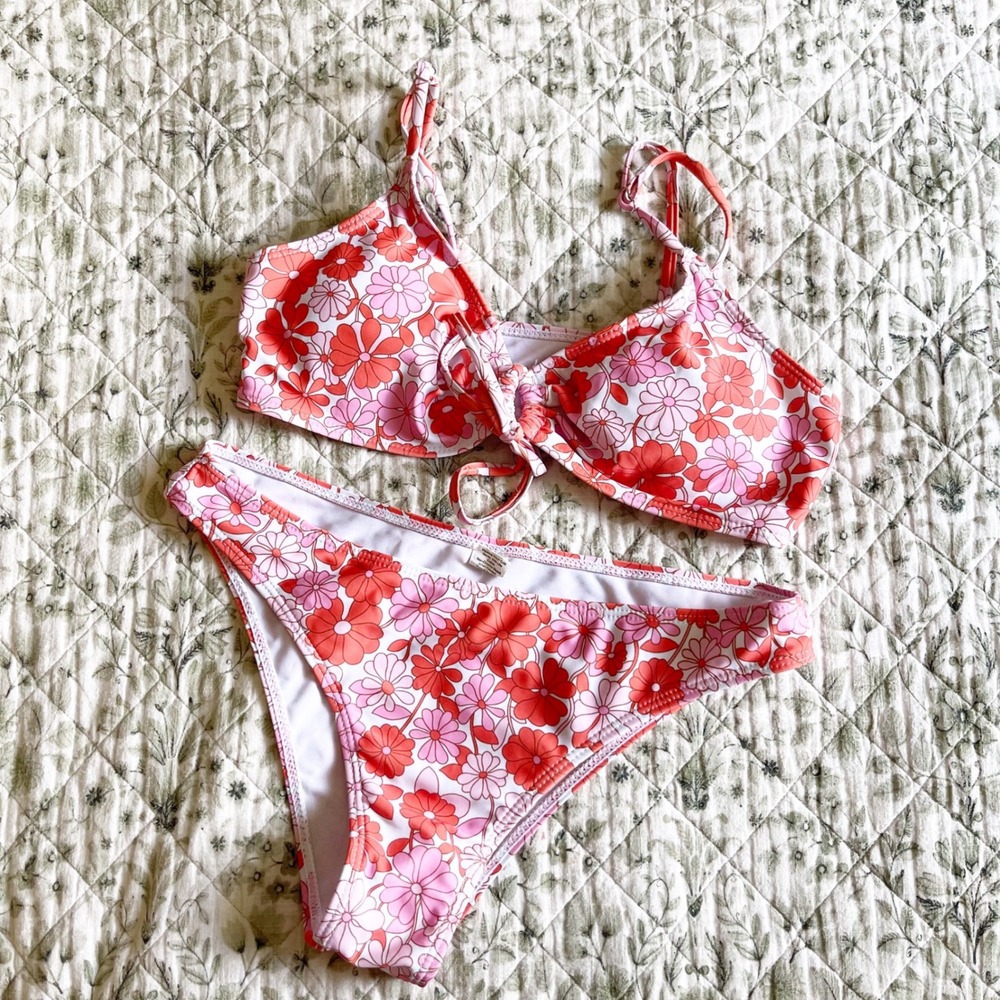Pink Orange Floral Retro Two Piece Bikini Set Front Tie Bralette Hipster Swim
